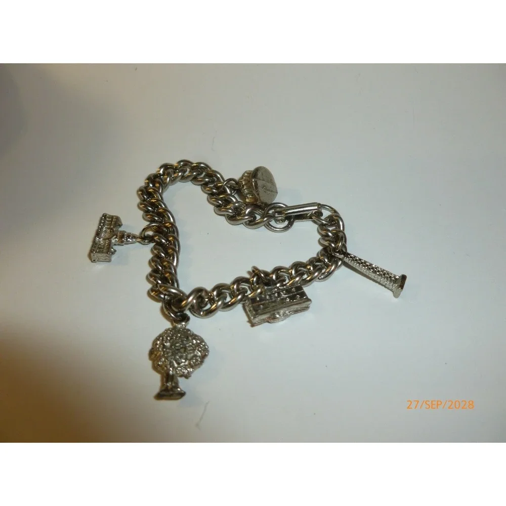 Vintage Silver Tone Curb Link Charm Bracelet 5 Charms Tree Building Monument 7in